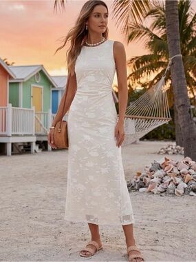 Merokeety Sleeveless Cream Lace Midi Dress with Velvet Floral Details